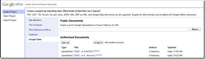 Google Refine Create Project from Google Doc