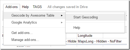Add-ons > Geocode by Awesome Table > Start Geocoding