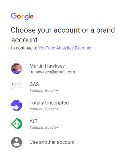Selecting the YouTube account to get data for 