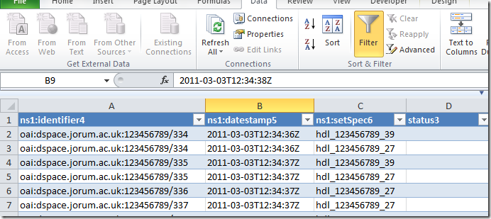 Excel XML data imported