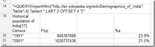 "=QUERY(ImportHtml("http://en.wikipedia.org/wiki/Demographics_of_India"; "table";4),"SELECT * LIMIT 2 OFFSET 4 ")"			