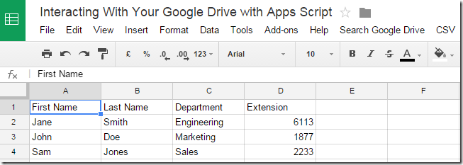 Test data in Google Sheet