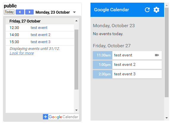 Existing calendar widget on the left and the ported Chrome Extension on the right