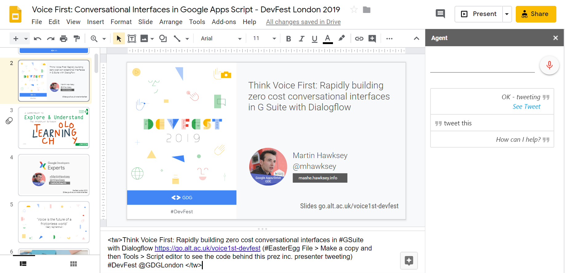 Using Google Slide speaker notes to prepare tweet text