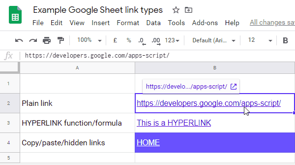 Examples of hyperlinks in Google Sheets